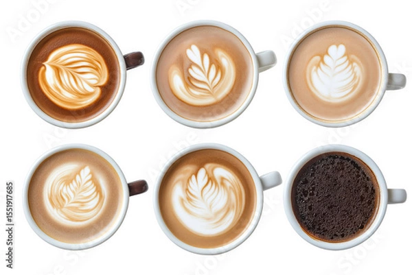 Obraz Collection of cups of coffee with artistic latte art, viewed from above, arranged in two neat rows on a white background