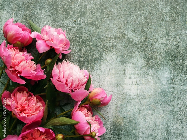 Fototapeta Bouquet of a lot of peonies of pink color close up. Flat lay, top view. 
