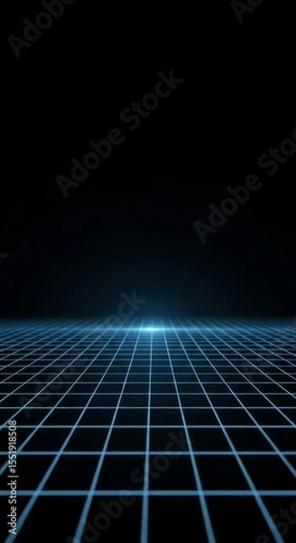 Fototapeta Futuristic technology background with a glowing blue digital grid moving into infinity.