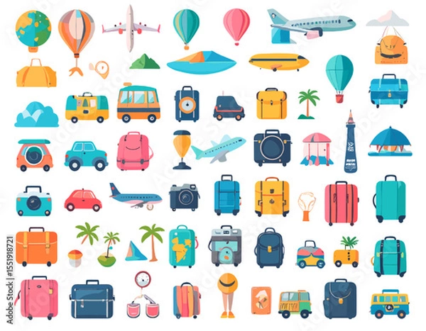 Fototapeta Pixel Art Collection of Travel Items including Airplanes Vehicles and Suitcases in Bright Color Palette on White Background