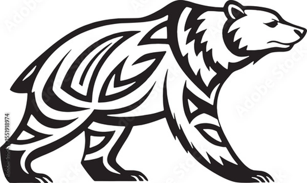 Fototapeta Tribal bear silhouette in side profile with geometric patterns, ideal for tattoo designs or wildlife branding.