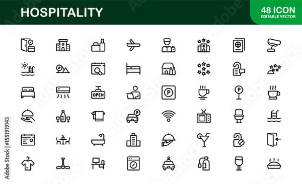 Obraz Professional Hospitality Icon Collection with Line Art Symbols for Hotels, Travel, Food Service, Customer Experience, and Tourism