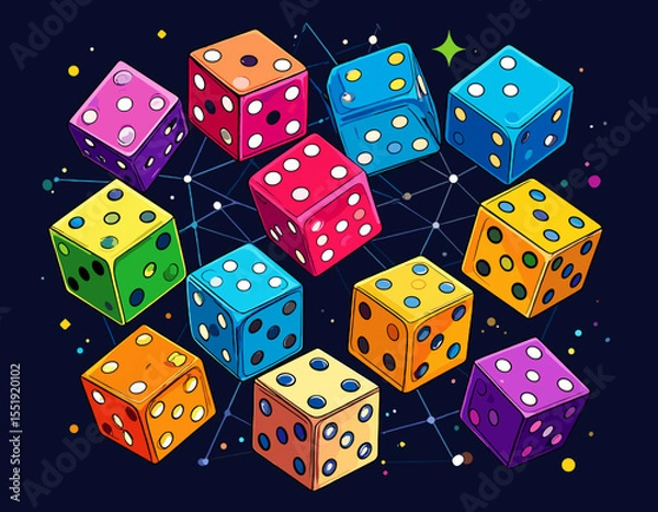 Fototapeta Pixelated Dice Cubes with Colorful Dots and Geometric Patterns in Retro Style Pixel Art on Dark Background