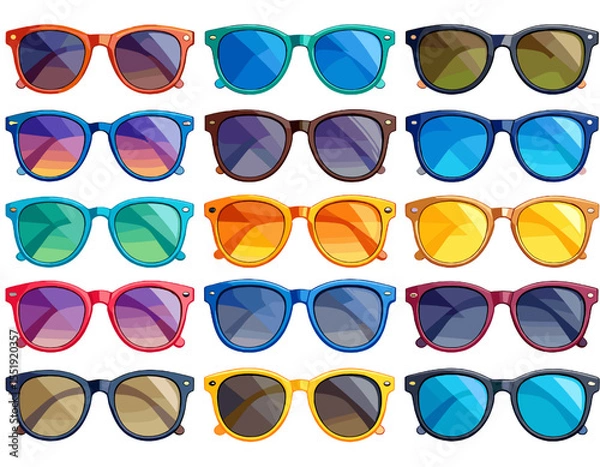 Fototapeta Pixelated Sunglasses Array in Varied Colors Retro Style Fashion Accessory Eyewear Collection on White Background