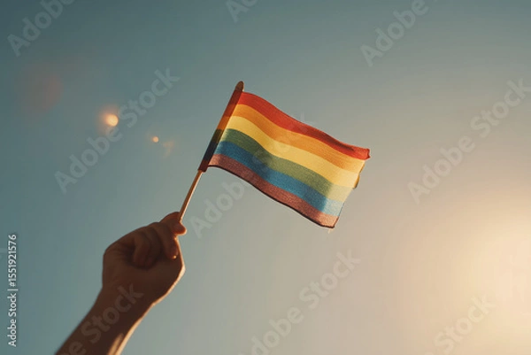 Obraz Hand holding small Pride flag against clear sky with sunlight flare