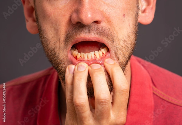Obraz Man showing inflamed, bleeding gums as a symptom of periodontitis, poor oral hygiene and dental care