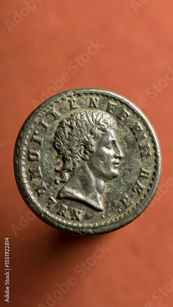 Fototapeta Ancient Roman silver coin with a detailed emperor portrait on a textured surface.