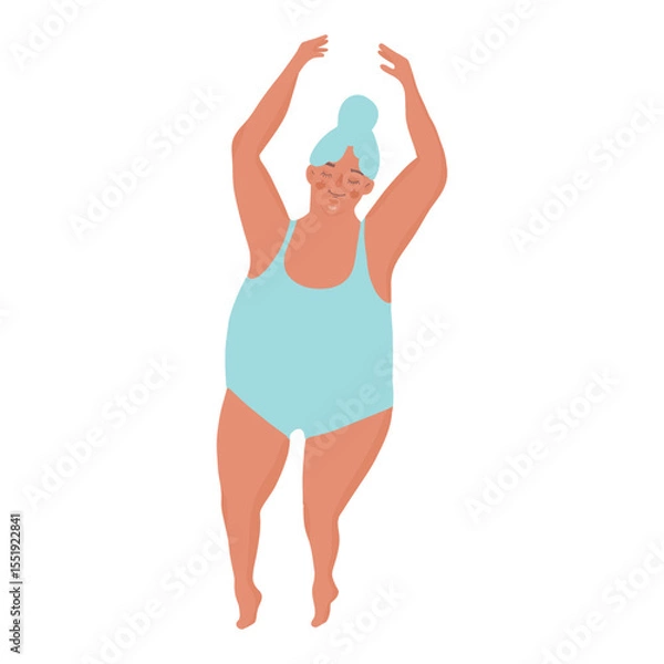 Obraz Plus-size woman in a blue swimsuit engaging in active hobbies: dancing, yoga, or fitness. Body-positive concept. Isolated design element on white background