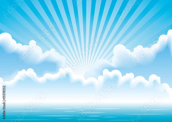 Fototapeta Vector calm sea  with clouds and sun rays