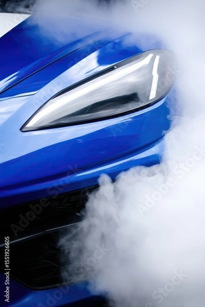 Fototapeta Close up of sleek blue car with angular headlight and smoke billowing around