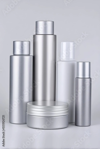 Fototapeta Collection of white and silver skincare containers mockup in various shapes and sizes