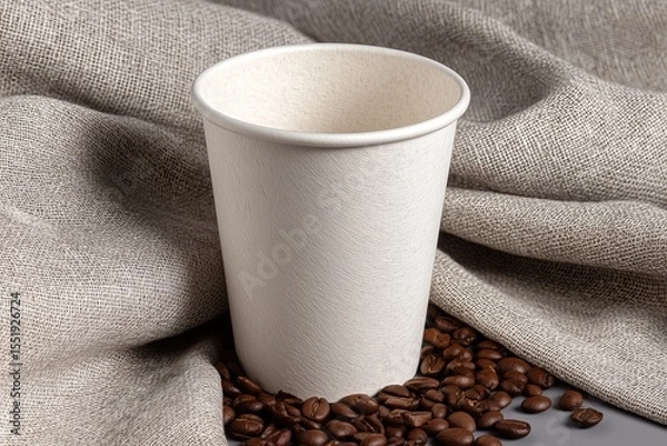 Fototapeta Coffee break: paper cup nestled among coffee beans draped with rustic linen fabric