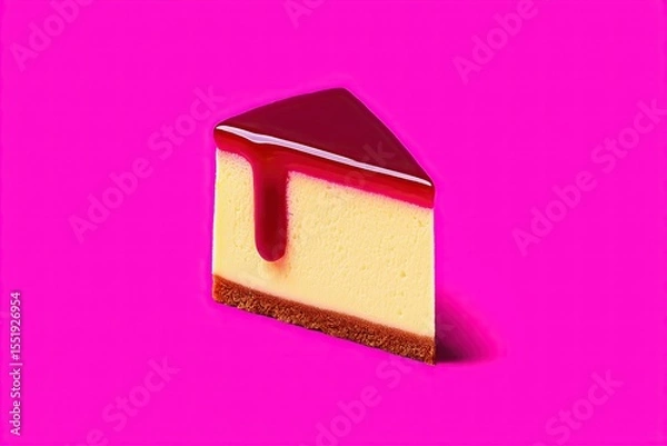 Fototapeta Slice of Delicious Cheesecake Topped with Red Glaze on Pink Background