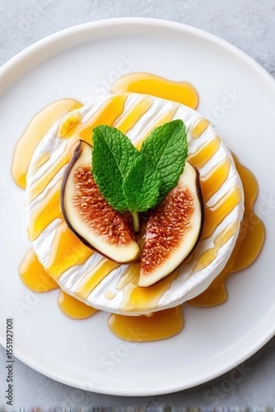 Fototapeta Elevated view of cheese wheel topped with figs mint and syrup on white plate