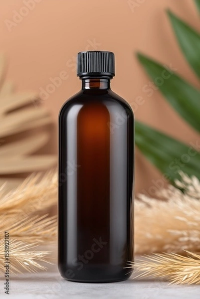 Fototapeta Amber bottle mockup with black cap in soft natural setting with botanical elements