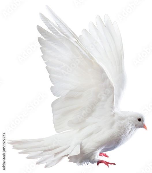 Fototapeta White Dove in Mid-Flight with Wings Spread Gracefully on White Background