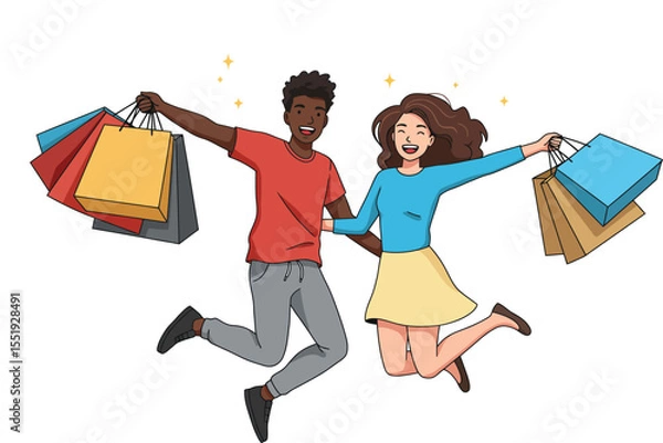 Fototapeta Minimalist illustration of a multi ethnic couple jumping with joy, shopping bags on their hands, isolated on white background