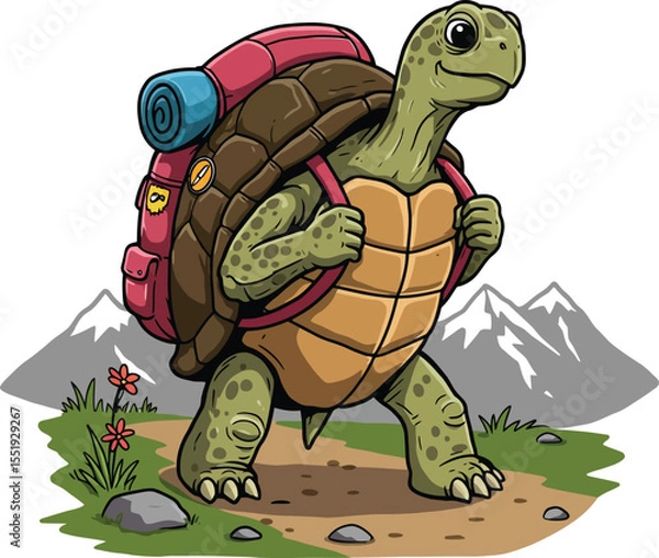 Fototapeta Illustration of a turtle with backpack on a mountain trail, isolated on white background