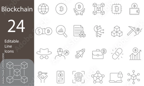 Fototapeta Blockchain Editable Line Icons Set. Technology, mining, e-wallets, distributed, cryptocurrency, and more. Vector illustration