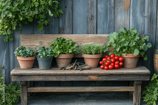 Fototapeta Bunch of tomatoes on bench with potted plants.