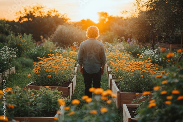 Fototapeta A man walking through a field of flowers.
