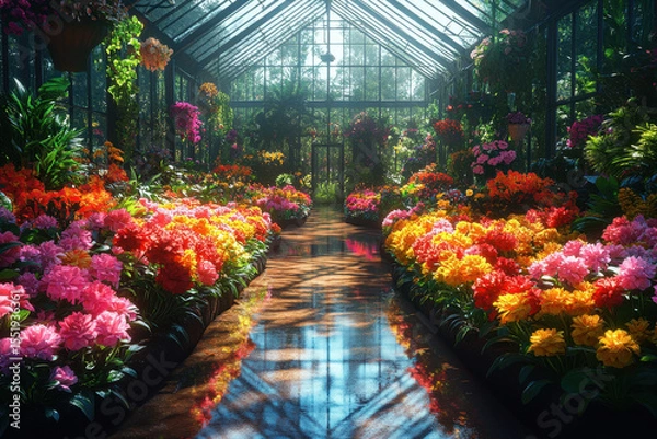 Fototapeta Vivid flowers bloom in a lush greenhouse.