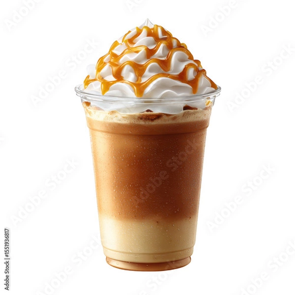 Fototapeta Delicious caramel frappe coffee with whipped cream and caramel drizzle isolated on transparent background