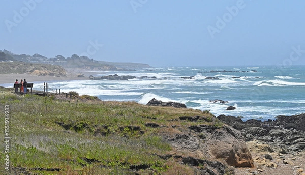 Obraz People stop at a beachside information sign along the central California coast