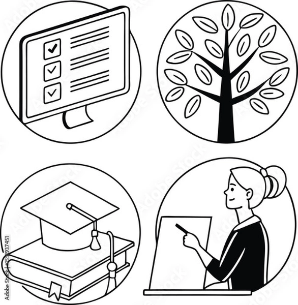 Obraz "Education and Learning Line Icons Set with Teacher, Graduation Cap, and Computer"