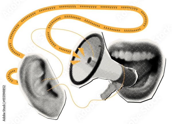 Obraz Female mouth screams in ear with halftone effect,halftone megaphone, cut out elements from magazine,scribbles