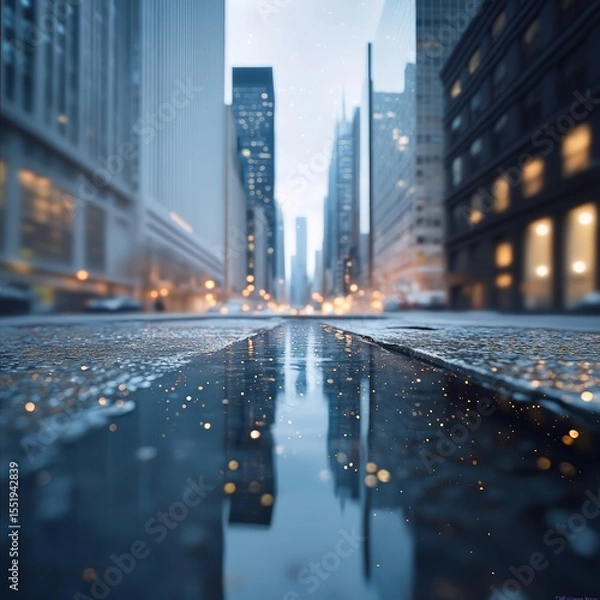 Fototapeta Rainwater streaming through a city drain, with distant stars peeking through skyscrapers. 