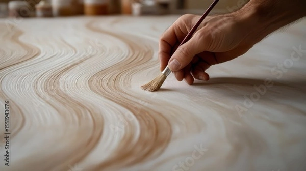 Fototapeta A hand softly brushing paint across a canvas, calm and deliberate strokes. A close-up of a hand skillfully painting elegant, flowing lines on a wooden surface, showcasing artistry and creativity.
