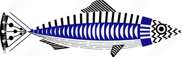 Obraz Playful sardine design with bright folk patterns, hand-drawn marine illustration inspired by Portuguese heritage.