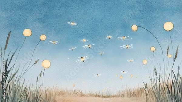 Fototapeta Fireflies glowing and drifting through a twilight field, sparkling trails of light. A peaceful landscape showing delicate flowers and glowing fireflies against a serene blue sky, evoking tranquility a