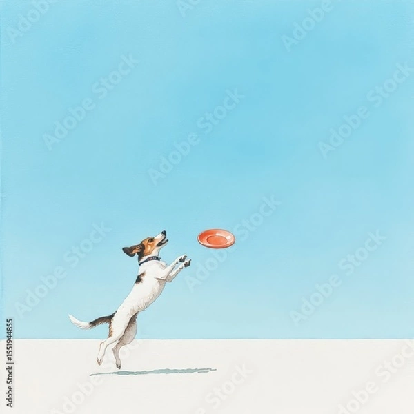 Fototapeta A dog jumping to catch a frisbee, frozen midleap against a bright blue sky. A playful dog leaps into the air to catch a frisbee against a clear blue sky, showcasing energy and joy in outdoor fun.