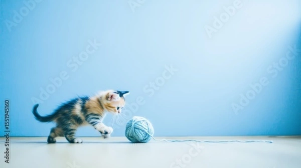Fototapeta A kitten batting at a ball of yarn, the yarn unraveling across the floor. A playful kitten interacts with a blue yarn ball, showcasing its curiosity and joy in a vibrant, minimalistic setting.