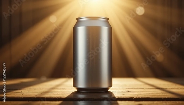 Fototapeta Brushed Metal Can Mockup with Sunlight and Green Leaves, 32k resolution 
