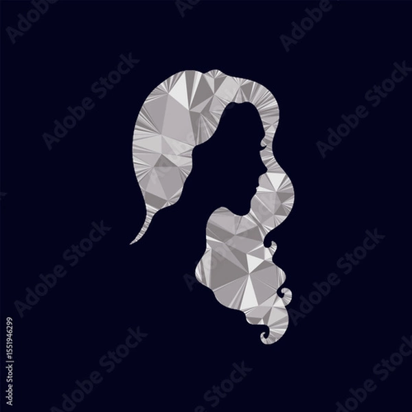 Obraz Silhouette of a girl in bright colors. Girl with hair made using triangulation. Low poly vector silhouette of a head