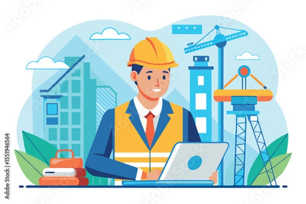 Fototapeta Construction worker using laptop at building site with cranes and city skyline in background