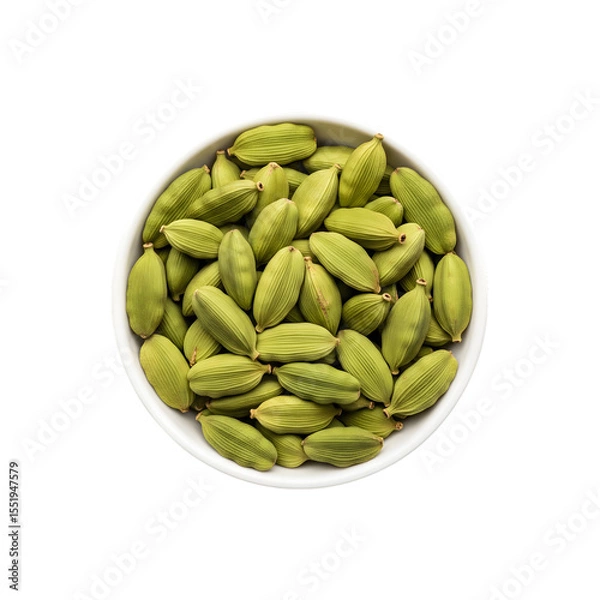 Obraz A top down view of a white bowl filled with numerous green cardamom pods isolated on transparent background