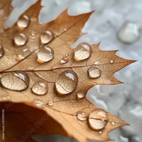 Fototapeta Water droplets cascading off a leaf after rain, clear and reflective. Close-up of a brown leaf with dew droplets, showcasing intricate details and textures on a soft background.