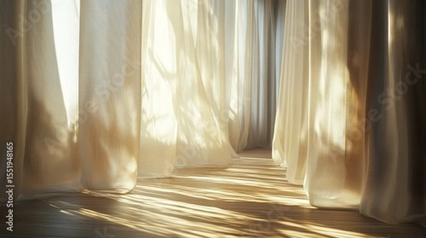 Fototapeta A breeze moving sheer curtains softly, sunlight casting patterns on the floor. Soft sunlight streams through sheer curtains, creating a warm and inviting atmosphere in a tranquil indoor space.