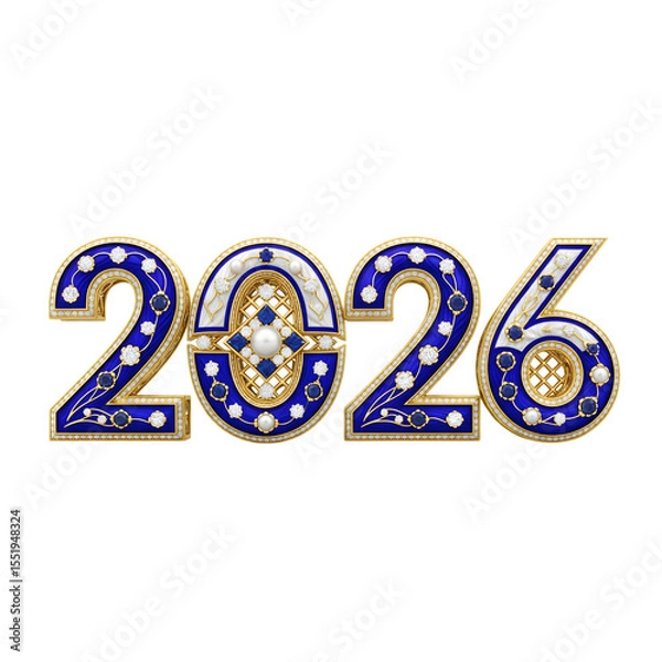 Obraz Luxurious ornate 2026 numbers embellished with blue sapphires diamonds and pearls isolated on transparent background