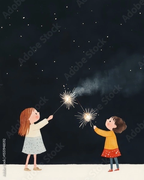 Fototapeta Children playing with sparklers at night, creating light trails with excited energy. Two children joyfully celebrate under a starry sky, holding sparklers and sharing laughter, creating magical moment