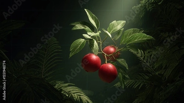Fototapeta Ripe Red Apples on a Branch with Green Leaves offer a Delicious and Tempting Treat Surrounded by Tropical Ferns in a Dark Setting