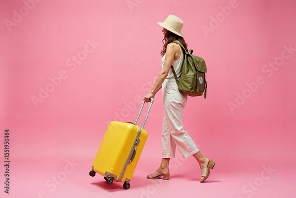 Fototapeta A full-length rear view of a female backpacker carrying a suitcase in motion against a vibrant, solid pink background.