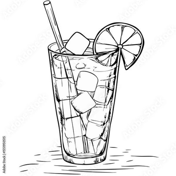 Fototapeta Iced drink with straw and lemon slice in sketch style