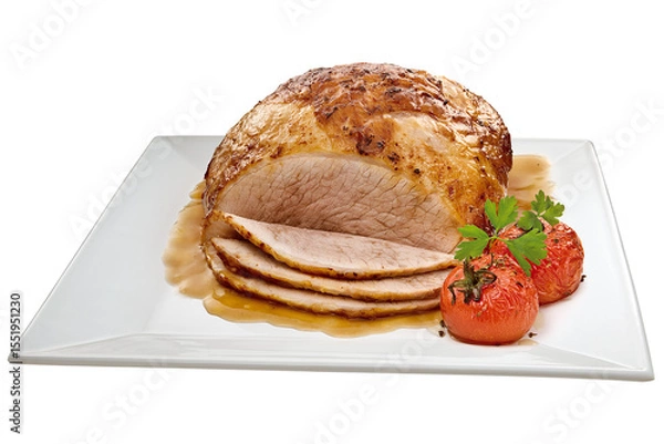 Fototapeta prato com pernil de porco acompanhado de tomates e salsinha isolado em fundo transparente