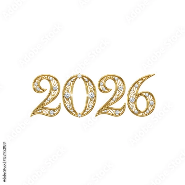 Obraz Elegant gold numbers 2026 adorned with sparkling diamonds and intricate filigree patterns isolated on transparent background