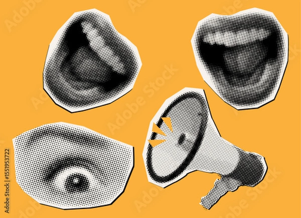 Obraz Halftone collage banner with cut out elements-loudspeaker,screaming mouth and surprised eye